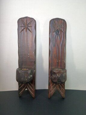 MCM Spanish Brutalist Hand Carved Wooden Candle Holders Set of 2